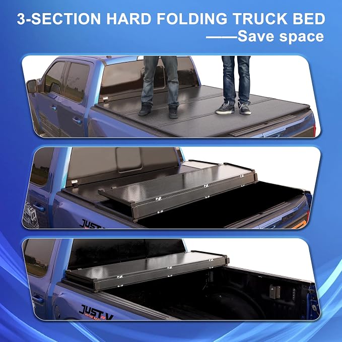 Just-V Hard Tri-Fold Truck Bed Tonneau Cover for Toyota Tacoma 2016-2023 Only Fit Cab CrewMax Cab 5FT Bed, Upgrade Solid FRP Textured Black, Requires Bracket
