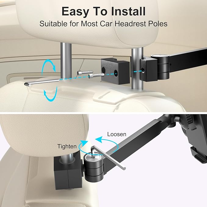 UPERGO Headrest Car Tablet Holder - [Long Aluminum Extension Arm] [Ultra-Compact] Foldable iPad Holder for Car Backseat, Road Trip Essentials iPad Back Seat Mount, Tablet Headrest Mount