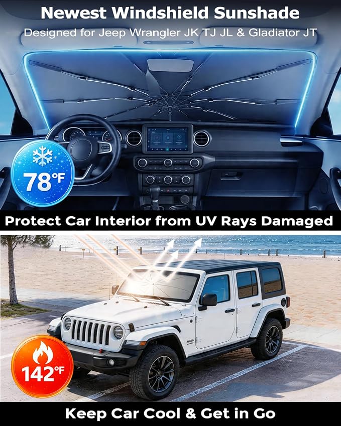 DMJN Umbrella Windshield Sun Shade for Jeep Wrangler JL JK JT TJ (2011-2026), Car Sunshade for Front Windshield [Nano Ice-Crystal Coatings] UPF50+ Heat & UV Block, Protect Interior & Keep Cooler