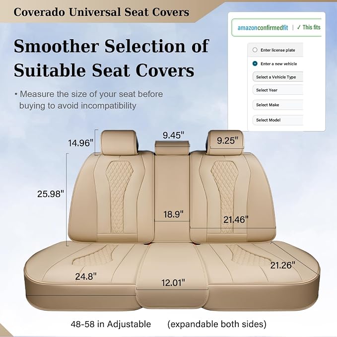 Coverado Automotive Seat Covers, Back Car Seat Cover, Rear Seat Cover, 3-Pieces Luxury Car Seat Cushion, Beige Seat Cover Seat Protector Universal Fit Most Cars
