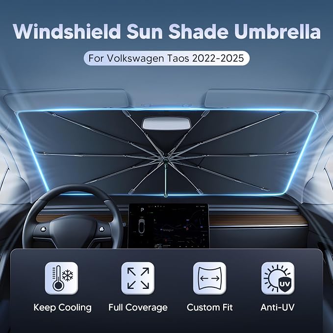 Autorder Windshield Sun Shade Umbrella for 2022-2026 Volkswagen VW Taos Accessories,Upgraded Ice Crystal Material,Easy Setup Umbrella Sunshade for Car Windshield,100% Sun Blocking