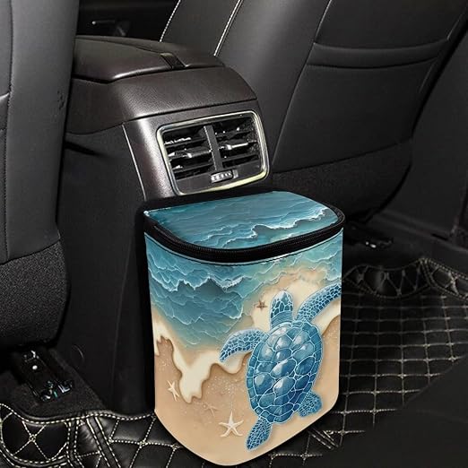 Talayituse Turtle Starfish Beach Print Car Trash Can Portable Auto Garbage Bin Multifunctional Vehicle Interior Accessories with Adjustable Straps Universal Fit Truck SUV Sedan