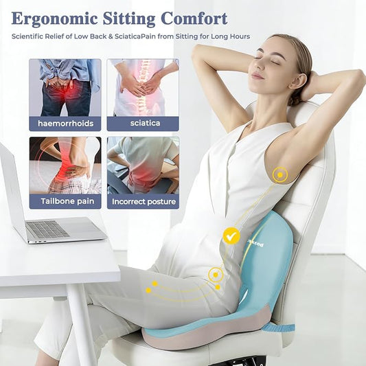 Memory Foam Seat Cushion for Sciatica & Back Pain Relief - Ergonomic Chair Pad with Adjustable Strap & Supportive Comfort Cover, Non-Slip for Car, Truck, Office Chair - Blue