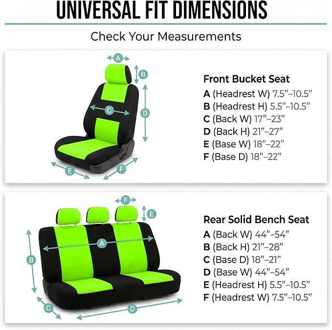 FH Group Bright Flat Cloth Full Set Automotive Seat Covers Front Set and Rear Solid Bench Green Black Seat Covers w. Gift Universal Fit Interior Accessories for Cars Trucks and SUVs