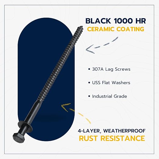 3/8 x 8 (25 Pack) Lag Screw Kit, 25 Screws and 25 Washers, Ceramic Black Ruspert Coating for Exterior Use, Meets ASTM A307 and ASME B18.2.1, Industrial/Commerical Grade by Makers Bolt