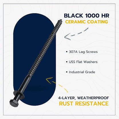 3/8 x 8 (25 Pack) Lag Screw Kit, 25 Screws and 25 Washers, Ceramic Black Ruspert Coating for Exterior Use, Meets ASTM A307 and ASME B18.2.1, Industrial/Commerical Grade by Makers Bolt