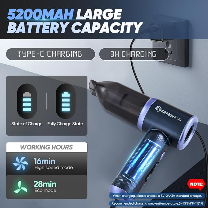 SakerPlus Car Vacuum Cleaner- 3 in 1 Cordless Handheld Vacuum Cleaner, 13000Pa High Power Car Vaccum Cleaner with Brushless Motor,Adjustable Cars Vaccum Portable Cordless for Cars,Desktop-DBS03