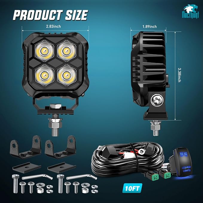 Nilight LED Pod Light 2 PCS 2.8 Inch 20W Square 4 LED Hyper Spot Beam Driving Offroad Lights w/18AWG Rocker Switch Wiring Harness Kit for Truck Motorbike Boat ATV UTV