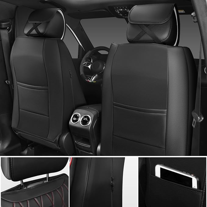 CAR PASS Luxury PU Leather Two Front Car Seat Covers, Waterproof Seat Covers Compatible with Front Seat Armrests, Airbag Compatible Anti- Slip Universal Fit for Cars Suvs Vans Trucks Black Red
