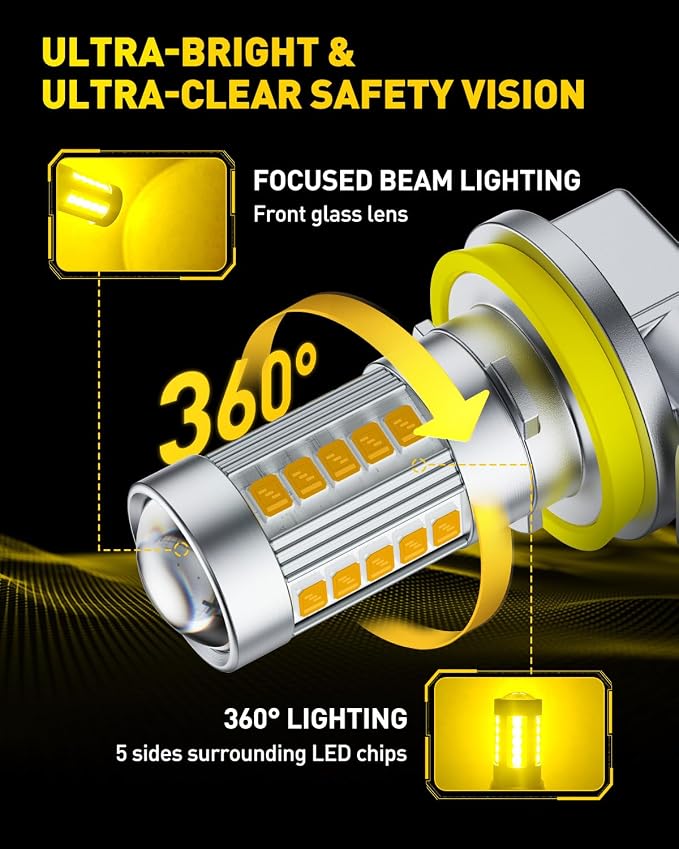 AUXITO Upgraded H11/H8 LED Fog Light Bulbs, 3000K Amber Yellow, 1:1 Mini Size H11/H8/H16 Yellow LED Fog Light Bulbs, 360° Full Illumination(Pack of 2)