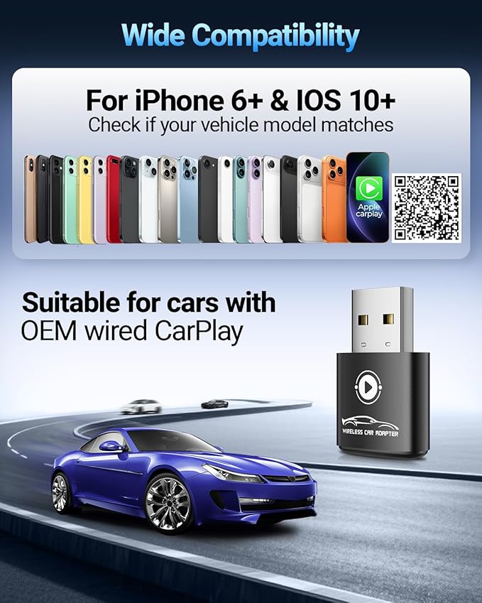 Wireless CarPlay Adapter for Apple iPhone（2026 Upgraded） Mini Design, Converts Factory Wired to Wireless Adapter for CarPlay, Plug and Play, Auto Connect Fast and Stable (Black)
