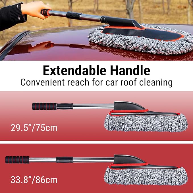 YeewayVeh Car Duster Exterior Scratch Free Microfiber Car Cleaning Brush, Extendable Handle Pollen and Dust Brush for Truck, SUV, Vehicles and Home Cleaning, Gray and Red