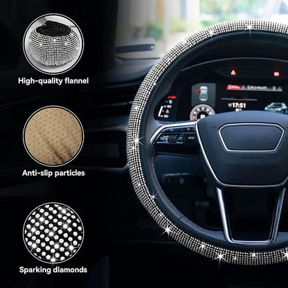 Bling Rhinestone Steering Wheel Cover with Crystal Diamond for Women, Sparkling Car Wheel Protector Universal Fit 14-15 inches - White