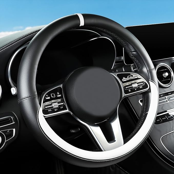 Black & White Nappa Leather Steering Wheel Cover, 14.5-15 inch Universal Car Steering Wheel Cover Non-Slip Breathable Absorbing Sweat Car Accessories