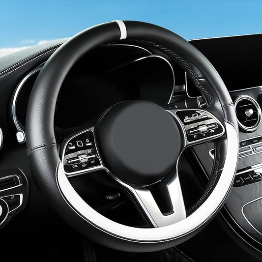 Black & White Nappa Leather Steering Wheel Cover, 14.5-15 inch Universal Car Steering Wheel Cover Non-Slip Breathable Absorbing Sweat Car Accessories