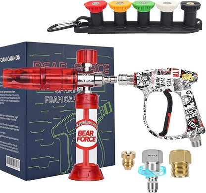 BEAR FORCE Pressure Washer Gun Up to 3000 PSI with Undiluted Mini Foam Cannon Set, 5 Spray Nozzles, Power Washer Spray Gun with 3/8'' Swivel Quick Connect, M22-15mm Connector, Car Wash, Car Detailing