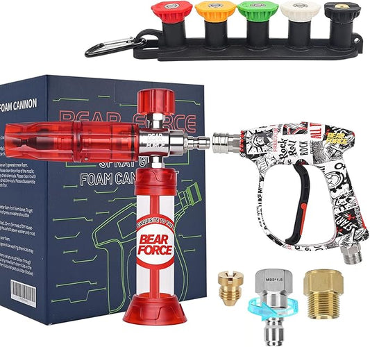 BEAR FORCE Pressure Washer Gun Up to 3000 PSI with Undiluted Mini Foam Cannon Set, 5 Spray Nozzles, Power Washer Spray Gun with 3/8'' Swivel Quick Connect, M22-15mm Connector, Car Wash, Car Detailing