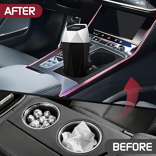 Car Trash Can with Lid, Mini Car Trash Cup with 30 Additional Trash Bags, Car Accessories for Interior, Leakproof Vehicle Garbage Bin for Car, Home, Office - 2 Packs, Silver