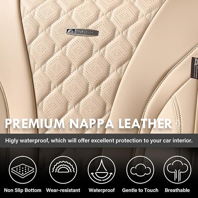 Coverado Car Seat Covers Front Seats, Beige Seat Covers, Breathable Perforated Design, Luxurious Diamond Leather Car Seat Cover, 2 Pack Car Seat Protector Front Seat Cover Universal Fit Most Cars
