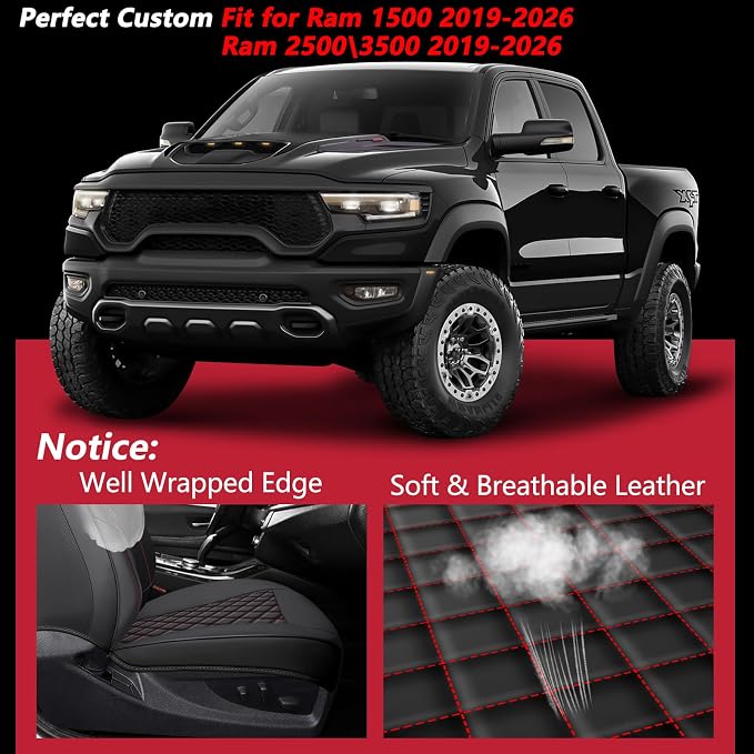 Ram 1500 Seat Covers 2009-2026 Front Pair, Truck Interior Sets with Lumbar Support Custom Fit for Dodge Ram 1500/2500/3500 Crew/Quad/Mega Cab Bighorn Longhorn Laramie Tradesman, Black Red