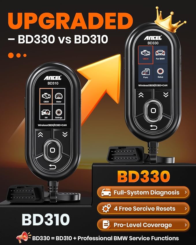 ANCEL BD330 BMW OBD2 Scanner for BMW, MINI, and Rolls-Royce Vehicles, ABS Full-System Diagnostic Scan Tool, Battery Registration/BAT Check, EPB/Oil/Throttle Reset, 3-in-1 Bluetooth/Wired/HUD- Black