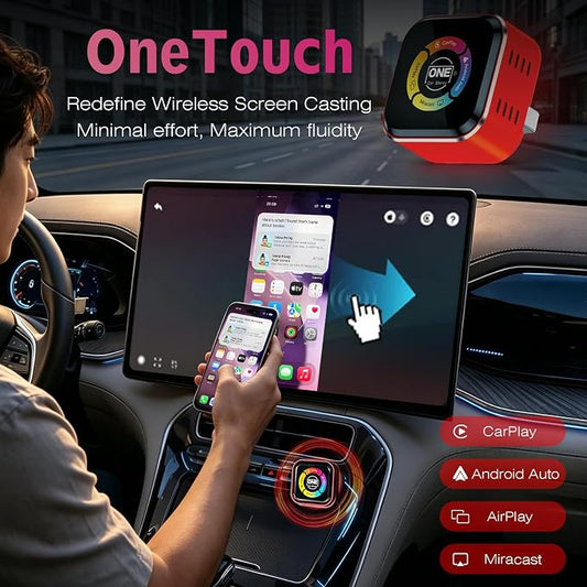 OneCarStereo Wireless CarPlay Android Auto Adapter 4-in-1 Video Mirror, One-Touch Screen Mirroring Dongle with Wireless AirPlay & Miracast, Watch YouTube Phone Apps, Plug & Play for OEM Wired CarPlay