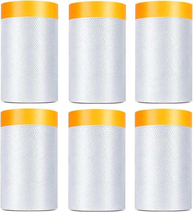 6 Pack Tape and Drape, 1.8x65.6 Ft Pre-Taped Masking Film for Auto Painting Covering, Plastic Pre-Adhesived Dust Paint Protective Drop Film for Furniture, Car, Floor