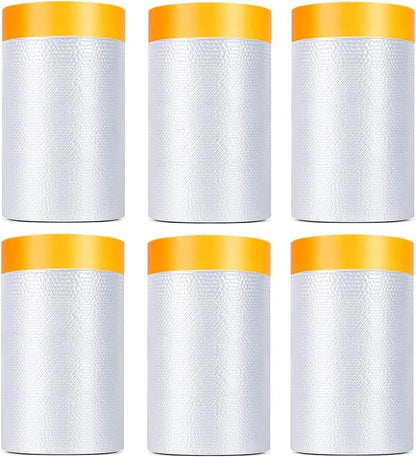 6 Pack Tape and Drape, 1.8x65.6 Ft Pre-Taped Masking Film for Auto Painting Covering, Plastic Pre-Adhesived Dust Paint Protective Drop Film for Furniture, Car, Floor