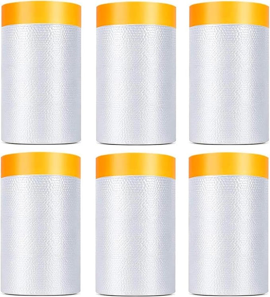 6 Pack Tape and Drape, 1.8x65.6 Ft Pre-Taped Masking Film for Auto Painting Covering, Plastic Pre-Adhesived Dust Paint Protective Drop Film for Furniture, Car, Floor