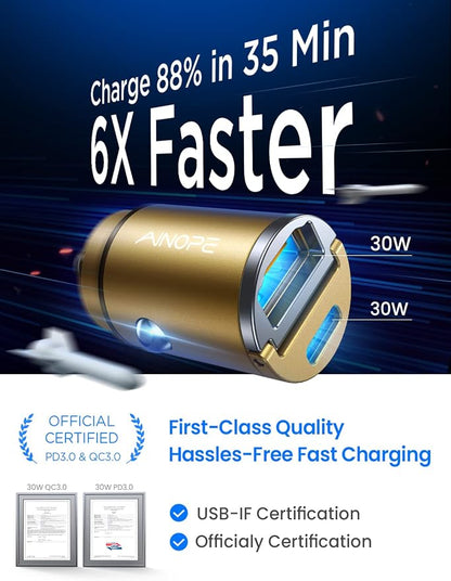 AINOPE 60W USB C Car Charger Fast Charging for iPhone 17 Pro Max Plus,[Smallest Metal] Car Charger USB C PD30+QC30W 3.0 Dual Port Cigarette Lighter Charger for iPhone 16 15 Samsung, Gold Kits