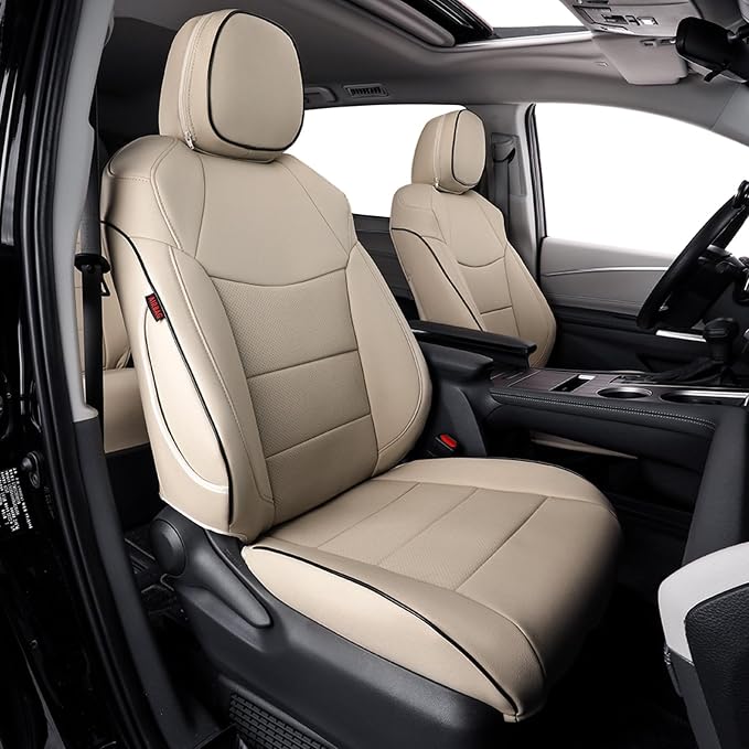 EKR Sienna Seat Covers for 2021-2026 Toyota Sienna XLE,XSE,Limited,Platinum,7 Seats,2nd Row Captain Chairs W/NO Legrest,Waterproof Seat Covers Full Set for Cars -Leather(Beige)