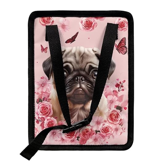 Talayituse Pug Dog Flower Print Car Trash Can, Portable Auto Garbage Bin Multifunctional Vehicle Interior Accessories with Adjustable Straps Universal Fit Truck SUV Sedan