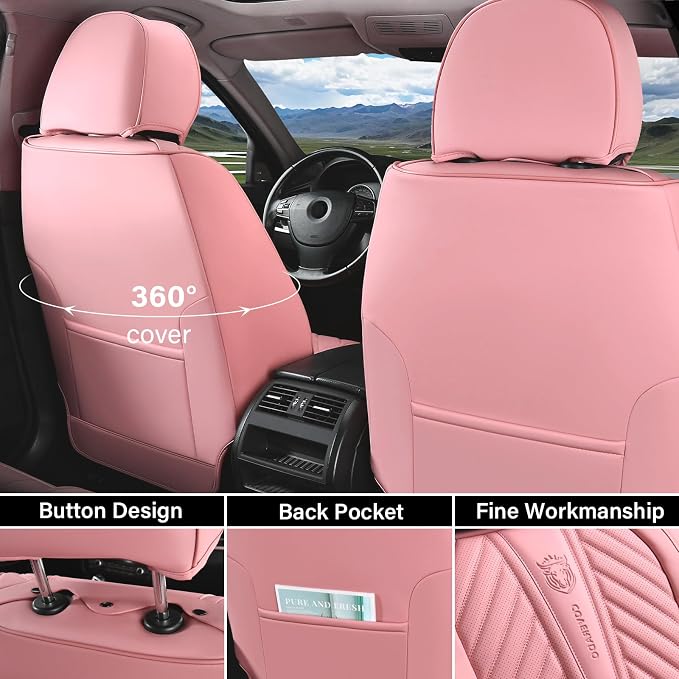 Coverado Seat Covers Front Seats, Car Seat Cover Protector with Lumbar Support, Waterproof Car Seat Cushion, Leather Seat Covers Carseat Cover Universal Fit for Most Cars，Pink