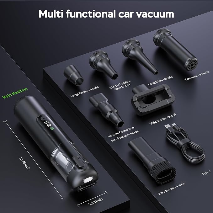 Portable Car Vacuum Cordless, 18000Pa 4-in-1 Suction Power Mini Vacuum Cleaner, 120W Brushless Motor Handheld Vacuum Cordless Rechargeable, 7800mAh Battery, LED Light, Black