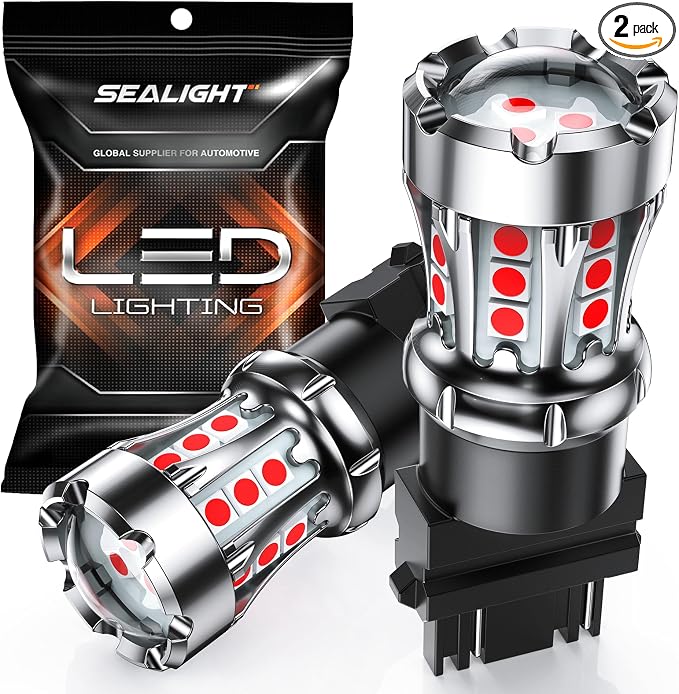 SEALIGHT LED Brake Light Bulbs, 3157 LED Bulb Red, 600% Brighter 3056 3156 3057 Tail Light Bulbs with Projector Lens, for Parking Stop Lights, Automotive Tail Light Covers, Brilliant Red, Pack of 2