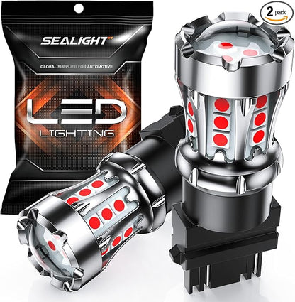 SEALIGHT LED Brake Light Bulbs, 3157 LED Bulb Red, 600% Brighter 3056 3156 3057 Tail Light Bulbs with Projector Lens, for Parking Stop Lights, Automotive Tail Light Covers, Brilliant Red, Pack of 2