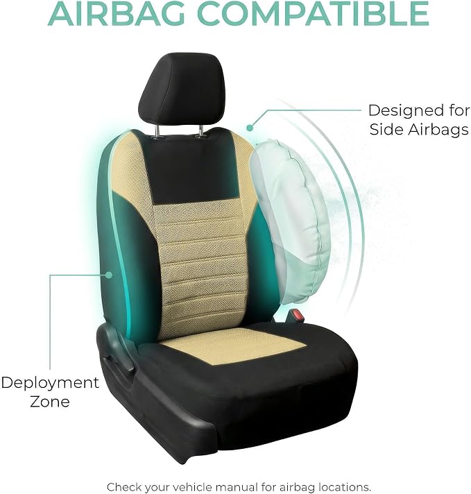 FH Group Automotive Car Seat Covers Front Set Premium 3D Air Mesh Front Seat Covers, Airbag Compatible Universal Fit Interior Accessories for Cars Trucks and SUVs - Beige