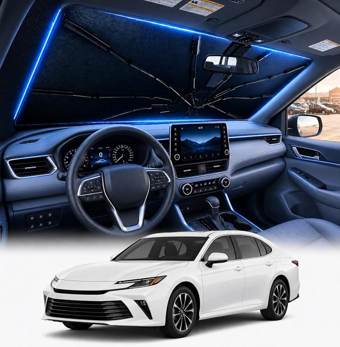 [2026 Upgraded] DooGooCoo Windshield Sun Shade Umbrella for Toyota Camry 2018-2025 2026 [100% Sunlight Blocked, Cooling Ice Crystal] Sunshade for Car Windshield for Camry Sun Shade, Custom Fit Camry