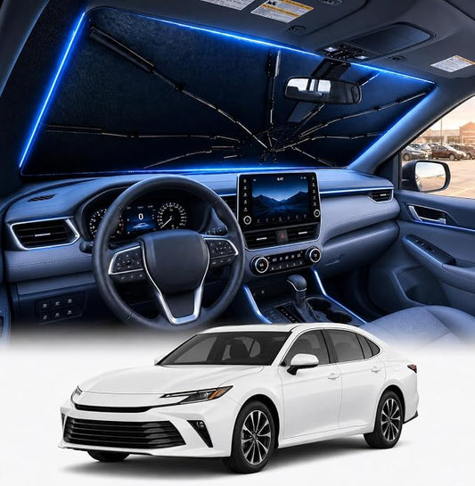 [2026 Upgraded] DooGooCoo Windshield Sun Shade Umbrella for Toyota Camry 2018-2025 2026 [100% Sunlight Blocked, Cooling Ice Crystal] Sunshade for Car Windshield for Camry Sun Shade, Custom Fit Camry