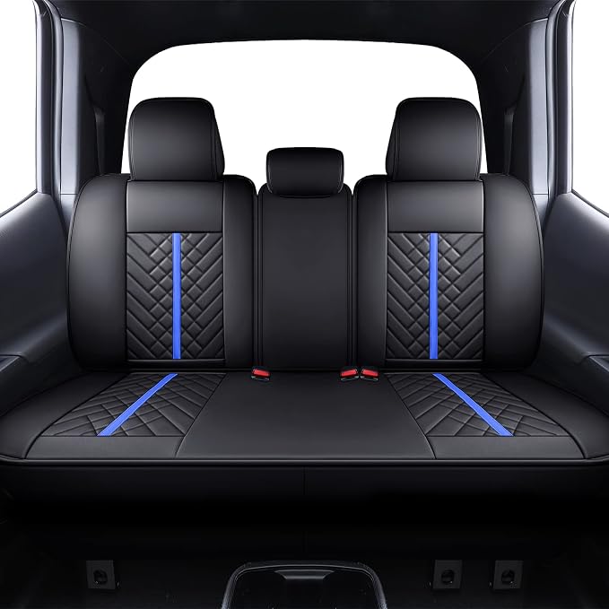 Tomatoman Tacoma Rear Seat Covers 2005-2024 2025 2026 TRD Sport Offroad Limited SR5 V6 Crew Double Extended Cab Truck Back Car Cushions with Waterproof Faux Leather (Rear Seat/Black-Blue)