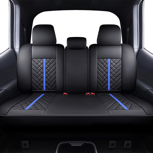 Tomatoman Tacoma Rear Seat Covers 2005-2024 2025 2026 TRD Sport Offroad Limited SR5 V6 Crew Double Extended Cab Truck Back Car Cushions with Waterproof Faux Leather (Rear Seat/Black-Blue)