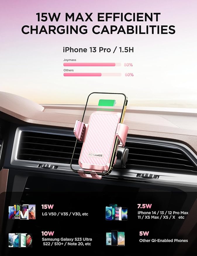 JOYMASS Wireless Car Charger, Phone Holders for Your Car, 15W Auto Clamping Phone Mount Car Accessories for iPhone 16 15 14 13 12 Mini Pro Max 11, Samsung Galaxy S24 Ultra S23 S22+ Note 20, etc-Pink