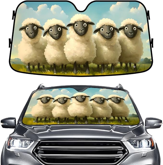 GENANY Sheep Windshield Cover for Car SUV Truck (55x30 Inches), Foldable Heat Shield, Shades for Front Windows, Protector Blocks UV, Car Decor
