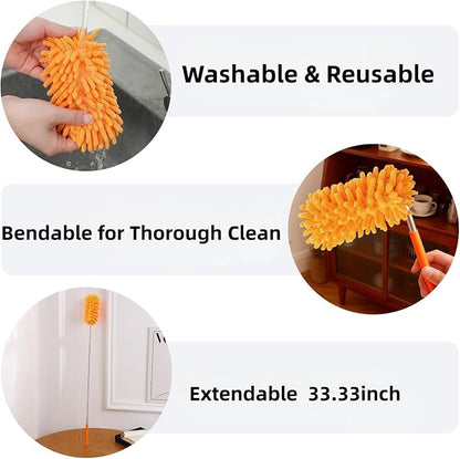 Microfiber Duster for Cleaning, GMLKRY Hand Washable Dusters with 3pcs Replaceable Microfiber Head, Extendable Pole, Detachable Cleaning Supplies for Office, Car, Window, Furniture (Orange)