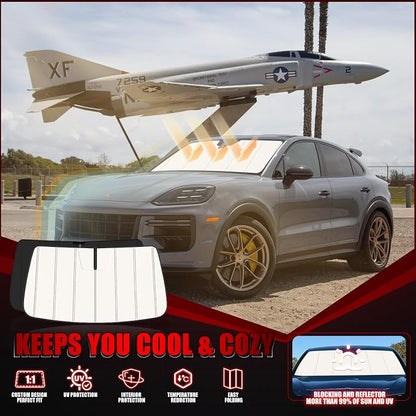 Windshield Sun Shade for Pors-Che Ca-yenne 2019-2025 2026, Front Window Visor Accessories, Folding Design Blocks Heat & UV Rays Maintain Cool Interior and Save Space