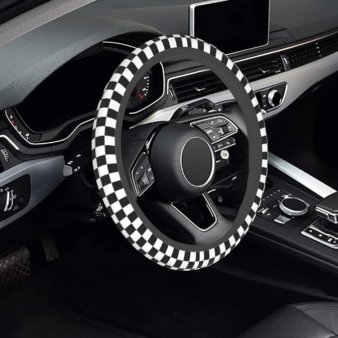 Checkerboard Steering Wheel Cover, Black and White Anti-Slip Universal Car Steering Wheel Cover, Checkerboard Race Soft Breathable Neoprene 15 Inch Car Accessories Case fit for Cars Auto SUVs