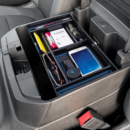 PIMCAR Center Console Organizer Compatible with 2019-2022 Chevy Silverado 1500/GMC Sierra 1500 & 2020-2023 Chevy Silverado/GMC Sierra 2500 HD/3500 HD (Full Console w/Bucket Seats ONLY) Blue Trim