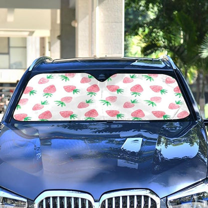 Fresh Strawberry Car Windshield Sun Shade Cute Pink Fruit Foldable UV Ray Sun Visor Protector Sunshade to Keep Your Vehicle Cool (55" x 27.6")