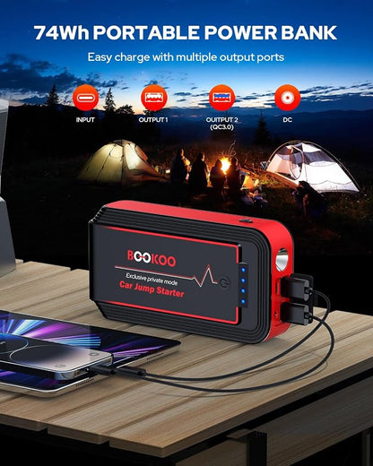 BOOKOO H9 Jump Starter 4500A,Portable Car Battery Jumper Starter for 10L Gas and 8L Diesel Engines,12V Car Battery Charger with Jumper Cables,USB QC 3.0,16V DC Output,3 LED Modes for Car Camping Trip