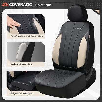 Coverado Car Seat Covers Full Set, 5 Seats Waterproof Nappa Leather Automotive Seat Protectors, Front & Rear Luxury Mesh Seat Covers, All-Weather Universal Fit for Most Cars SUVs, Trucks,Beige&Black